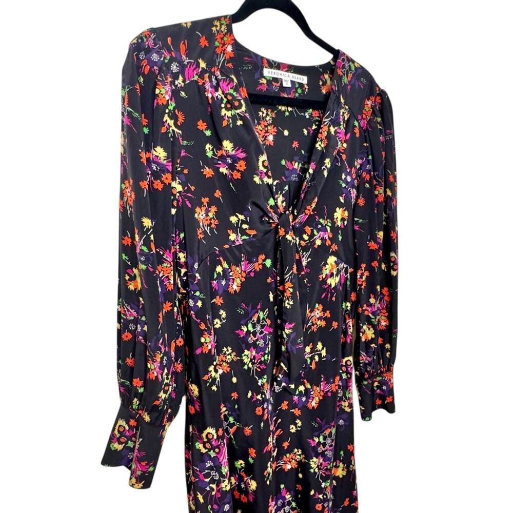 Veronica Beard Dress AMBER Silk Midi Long Sleeve Tie Front Floral Flowers SZ 12 - Picture 11 of 11